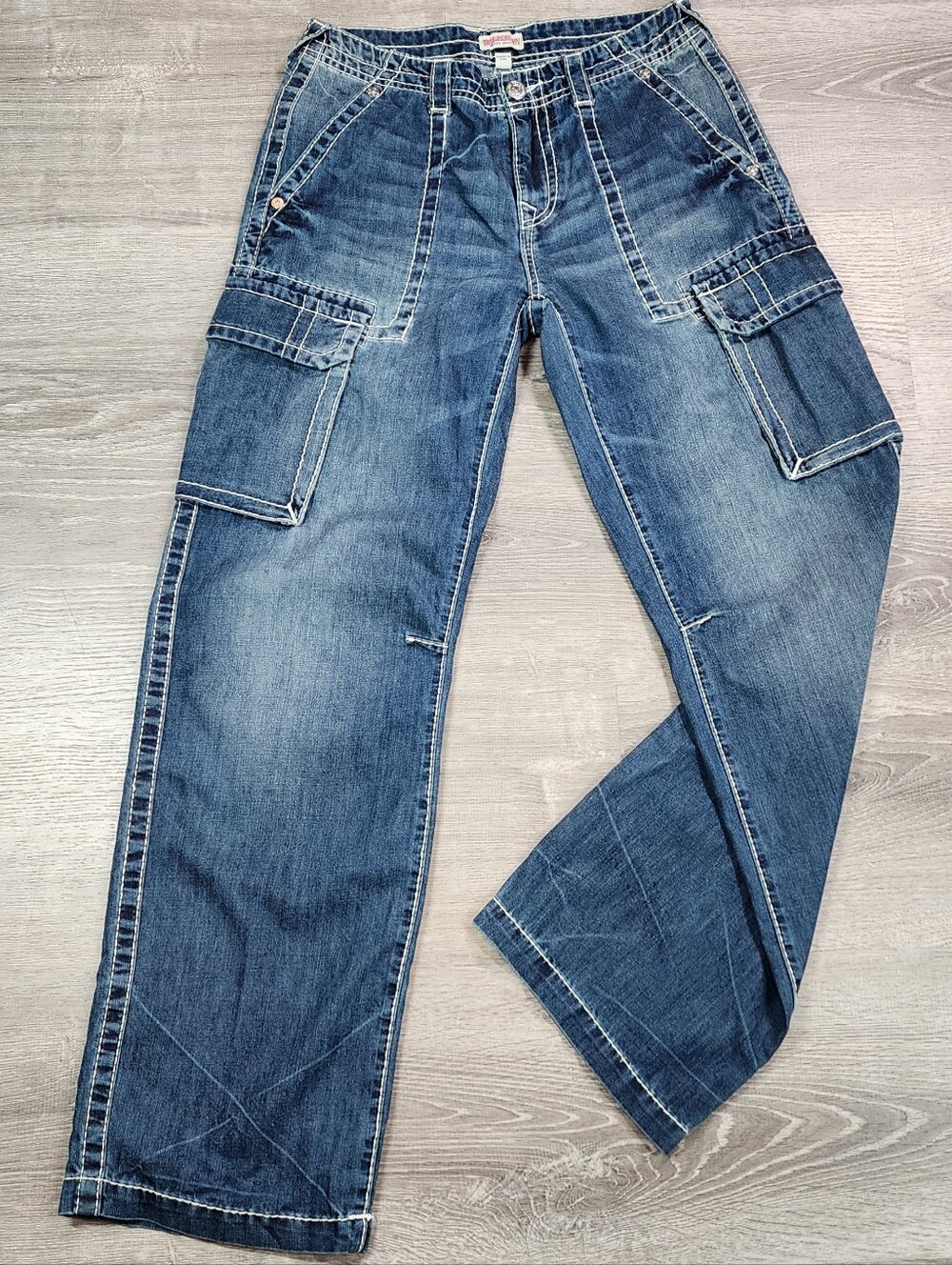 TRUE RELIGION Cargo Big T Cotton Denim Wide Leg Jeans Women's 26